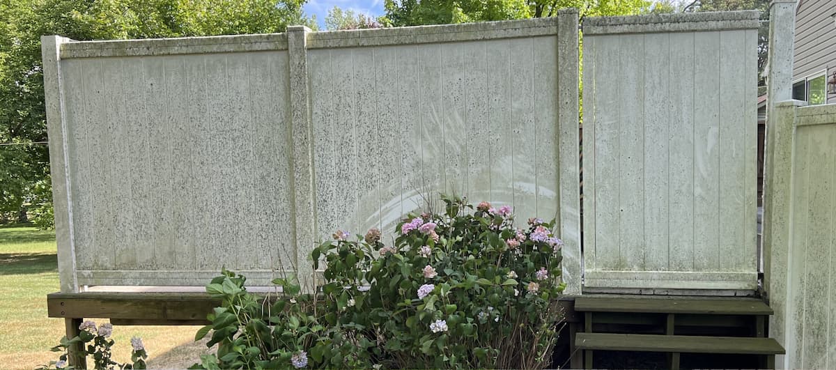 White vinyl fence soft wash before - Driftwood Rochester Hills MI